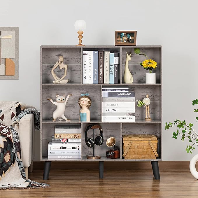 LEYAOYAO 8 Cube Bookshelf,Farmhouse Bookcase with Legs,Modern Dirty Grey Mid-Century Bookshelves,Large 3 Tier Open Storage Organizer Shelf, Retro Wood Display Book Case-Ruum Studio Home