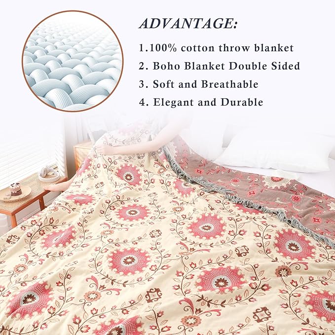 Snycler Boho Throw Blanket for Bed - 100% Cotton Ultra Soft Rustic Quilt - Pink Boho Floral Printed Farmhouse Decor Bed Blankets, 80"×90" All Season Rustic Throw for Sofa Couch Chair-Ruum Studio Home