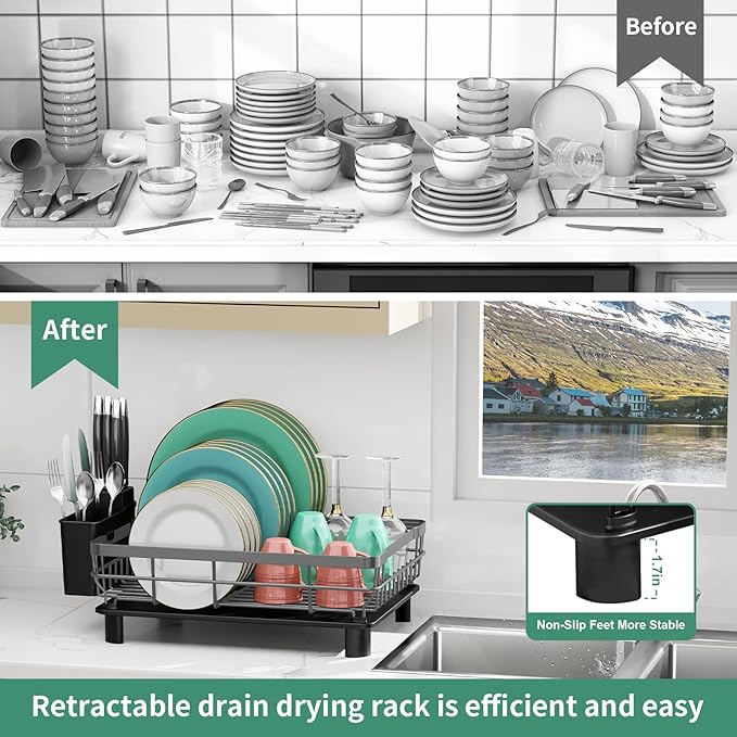 MOUKABAL Dish Drying Rack, Dish Rack, Large Dish Racks for Kitchen Counter, Drying Rack Kitchen with Removable Utensil Holder, Drainboard (Grey/Gray)-Ruum Studio Home