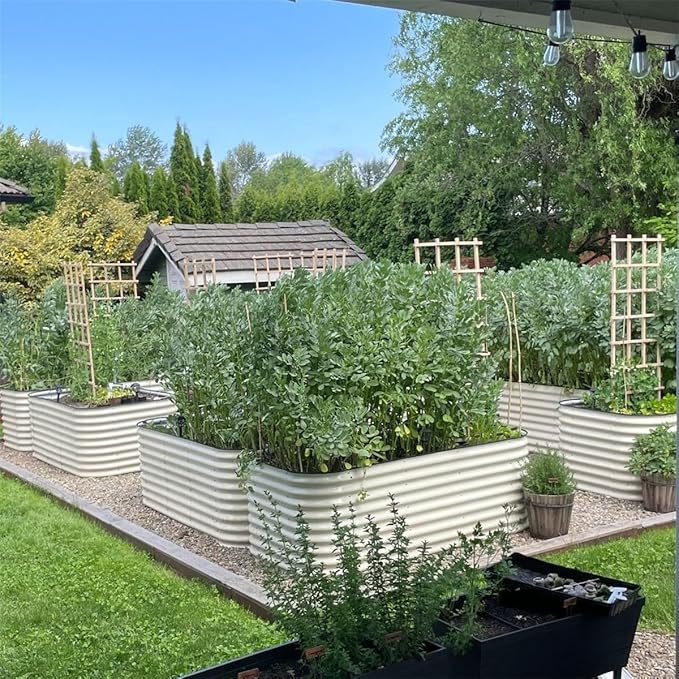 Vego garden 32" Extra Tall Raised Garden Bed Kits, 10 in 1 Modular Raised Planter Box for Vegetables Flowers Fruits Oval Metal Raised Garden Bed- Pearl White-Ruum Studio Home