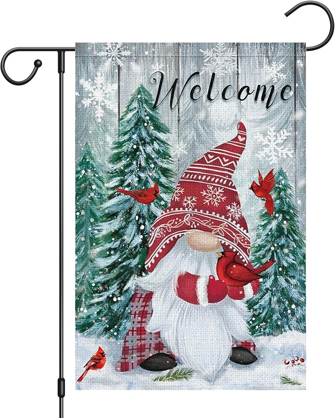 Heyfibro Welcome Christmas Garden Flag Winter Gnome Garden Flags 12x18 Double Sided Burlap Cardinals Snowflakes Snow Garden Yard Flags for Seasonal Outside Outdoor House Decoration (ONLY FLAG)-Ruum Studio Home