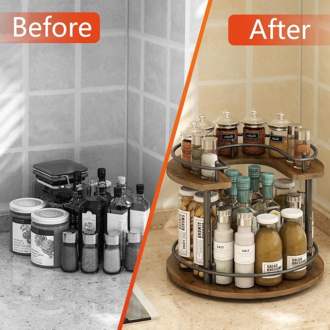 2 Tier Lazy Susan Organizer,2-Tier Spinning Spice Rack with Stable Carousel Base & 4 Height Settings for Cupboard Kitchen Countertop Dining Table Cupboard (Round)-Ruum Studio Home