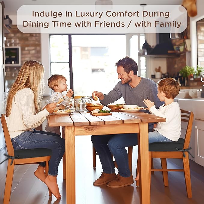 Codi Dining Chair Cushions 4 Pack, Thick Chairs Pads for Indoor Kitchen Room - Washable, Non-Slip Memory Foam Seat Cushion with Ties, 16.5"x16.5"x 3.5", Set of 4, Black-Ruum Studio Home