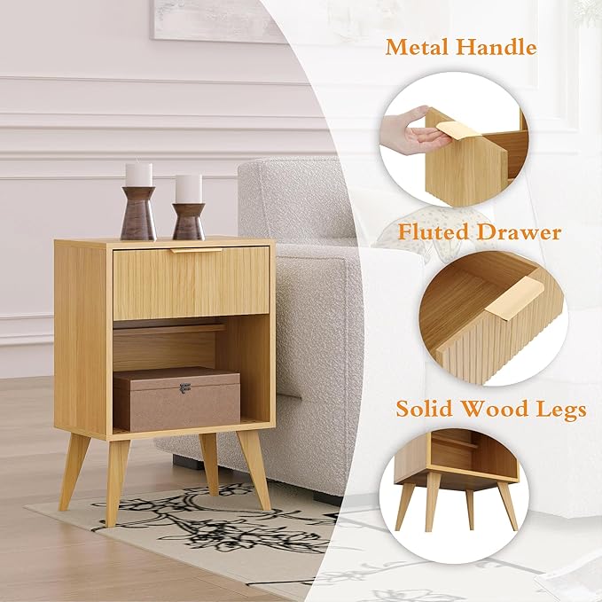 Fluted Night Stand with Opening Storage,Mid Century Bedside Table with Drawer,Wood Nightstand with Solid Wood Legs,End Table Side Table for Living Room,Bedroom,Natural CTG56Y-Ruum Studio Home
