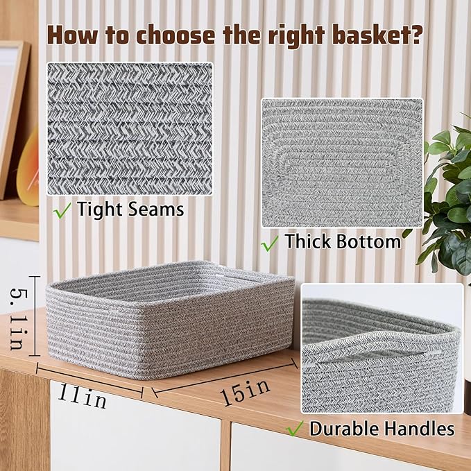 Large Shallow Organizing Baskets 15x11x5.1 Inches - Rope Woven Storage Bins for Bathroom, Shelves, Cube Closet, Mixed Grey 2 Packs-Ruum Studio Home