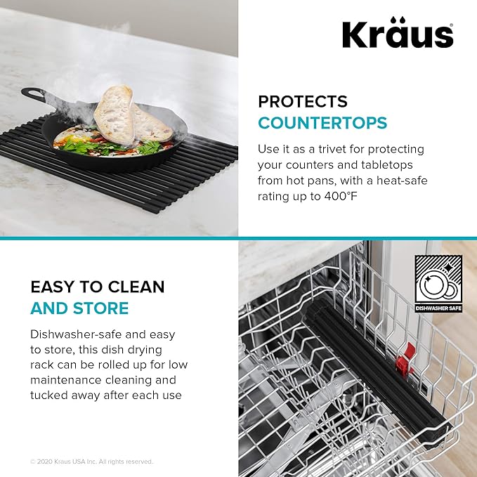 Kraus Multipurpose Over-Sink Roll-Up Dish Drying Rack, Colander and Trivet in Light Grey, KRM-10GREY-Ruum Studio Home