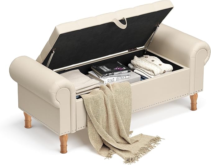 Storage Ottoman Bench for Bedroom, 51" Upholstered Bench with Rolled Arms and Vintage Rivets for Living Room, Full & Queen Leather Storage Bench with Button for Entryway, Beige+Nature Legs-Ruum Studio Home
