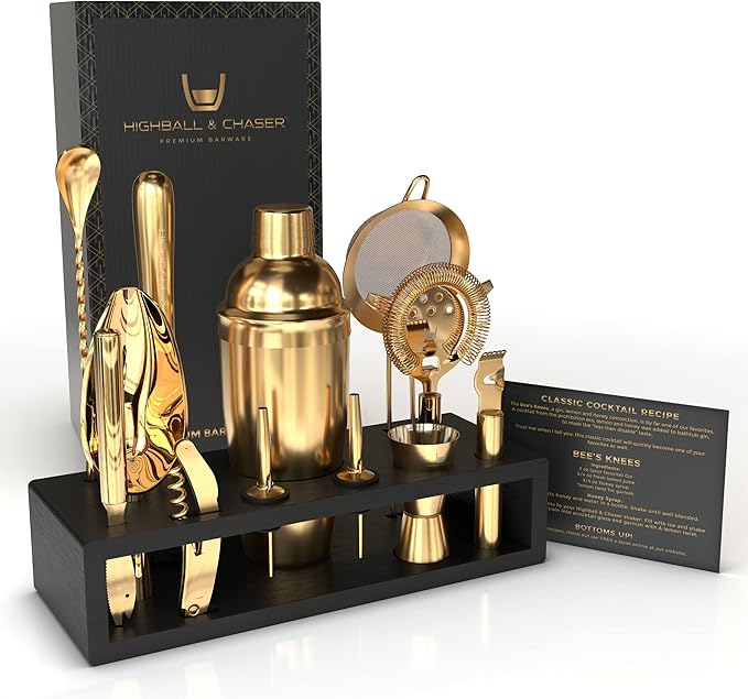 Highball & Chaser Bartender Kit with Espresso Bamboo Stand. Beautiful Cobbler Cocktail Shaker Set with Bar Tools Rustproof Stainless Steel Bar Set (Matte Gold)-Ruum Studio Home