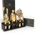 Highball & Chaser Bartender Kit with Espresso Bamboo Stand. Beautiful Cobbler Cocktail Shaker Set with Bar Tools Rustproof Stainless Steel Bar Set (Matte Gold)-Ruum Studio Home