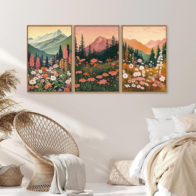 Tinonedraw Mountain Wildflower Framed Canvas Wall Art Set, Boho Mountains Landscape Wall Decor, Modern Floral Forest Scenery Artwork, Neutral Nature Art Prints for Living Room Bedroom Office 24"x36"x3-Ruum Studio Home