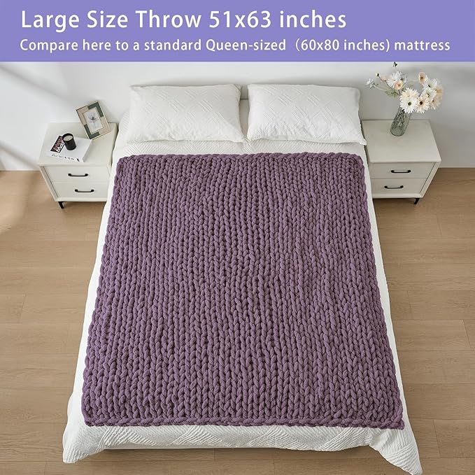 Bigacogo Chunky Knit Throw Blanket for Couch, 51x63 inches, 100% Hand Knitted with Thick Jumbo Chenille Yarn, Cozy Soft Large Rope Knot Cable Crochet Blankets for Sofa Bed Living Room, Winter Grape-Ruum Studio Home