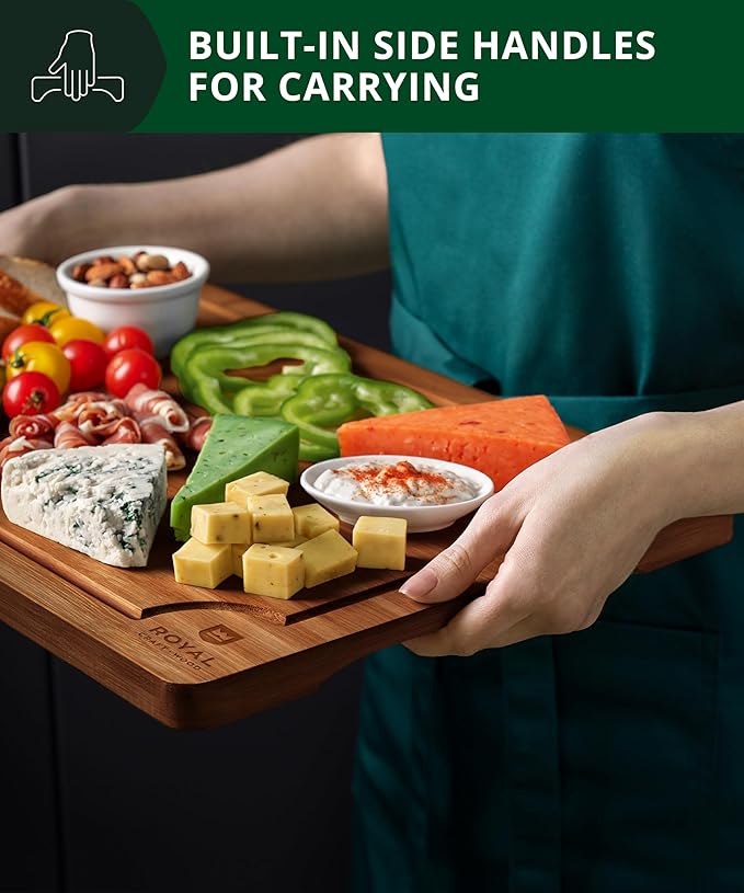 ROYAL CRAFT WOOD Wooden Cutting Boards for Kitchen Meal Prep & Serving - Bamboo Wood Serving Board Set with Deep Juice Groove Side Handles - Charcuterie & Chopping Butcher Block for Meat (3 Pcs)-Ruum Studio Home