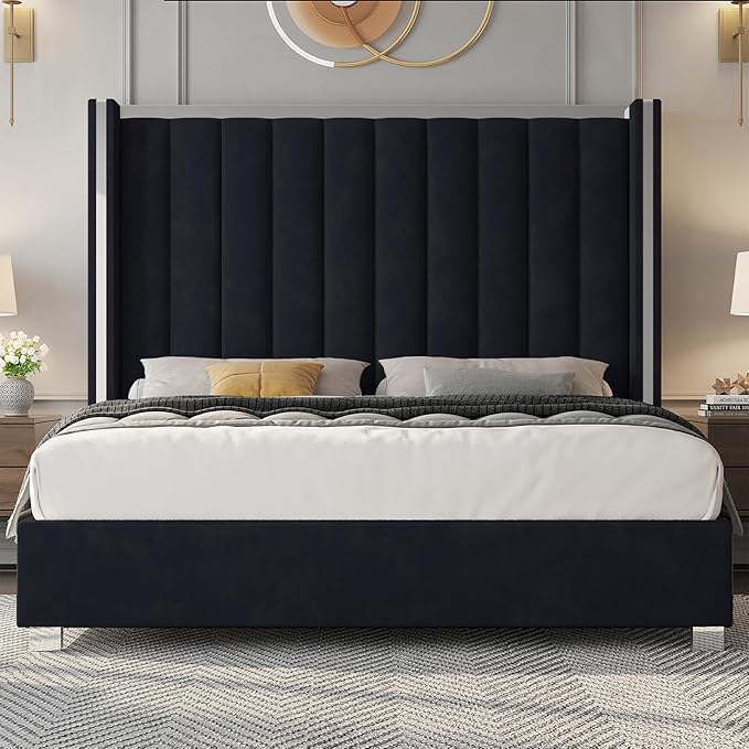 Jocisland King Size Bed Frame with 58" Tall Headboard, Velvet Upholstered Platform Bed with Channel Tufted Wingback Headboard and Plating Trim, No Box Spring Needed, Black-Ruum Studio Home
