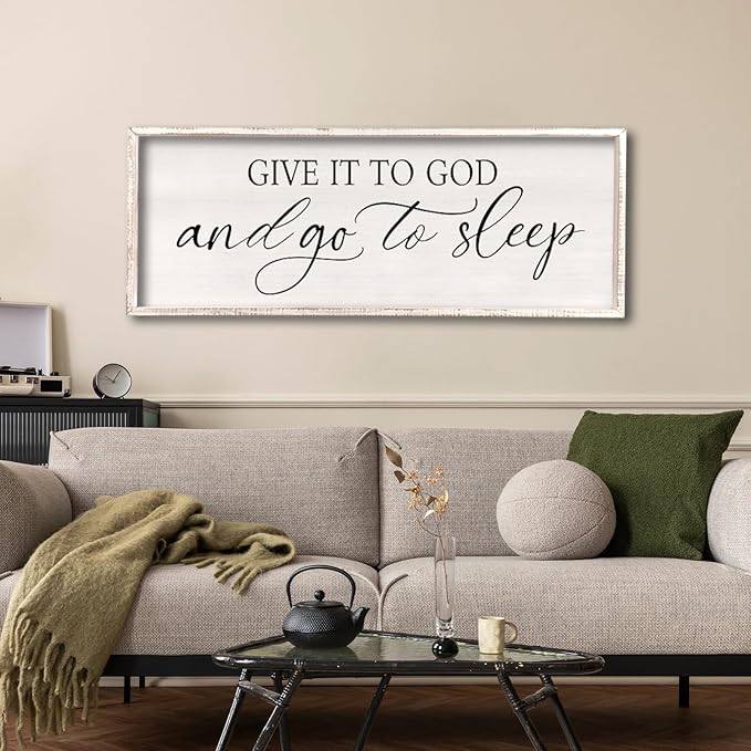 comurdyo Give It To God And Go to Sleep Sign 40''×15'' Master Bedroom Above Bed Wall Decor Wood Framed Couple Large Farmhouse Guest Room Rustic Simple Over Bedside Wall Art Hanging Decor (White)-Ruum Studio Home