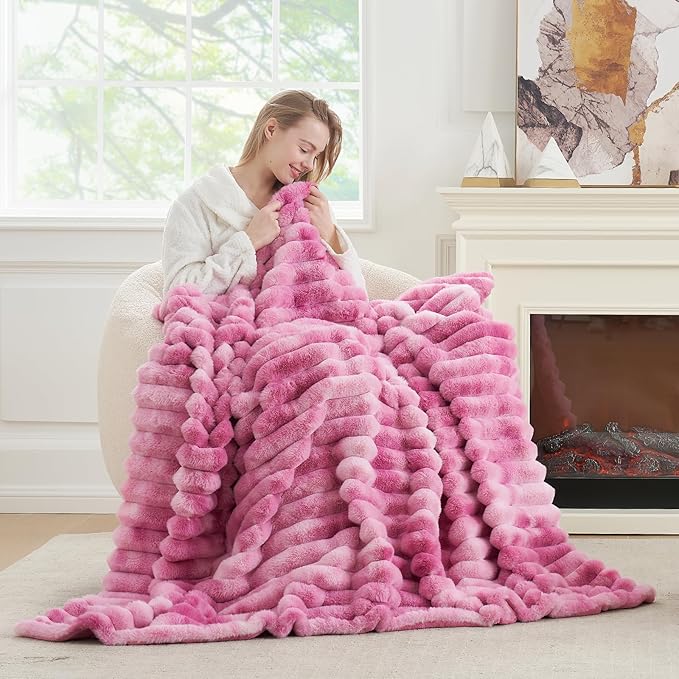 Cozy Bliss Faux Fur Throw Blanket for Couch, Cozy Warm Plush Striped Blanket for Sofa Bedroom Living Room,60 * 80 Inches Tie-dye Pink-Ruum Studio Home