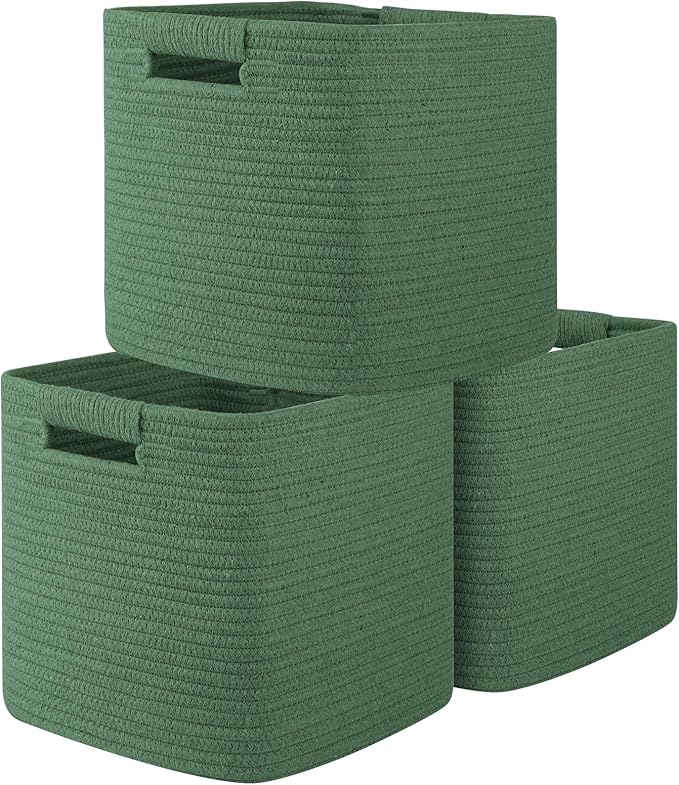 OIAHOMY Storage Cubes 11 Inch Storage Bins-3 Pack, Cotton Rope Woven Baskets for Organizing, Square Baskets for Shelves Organizer, Classroom, Toy Basket, Green-Ruum Studio Home