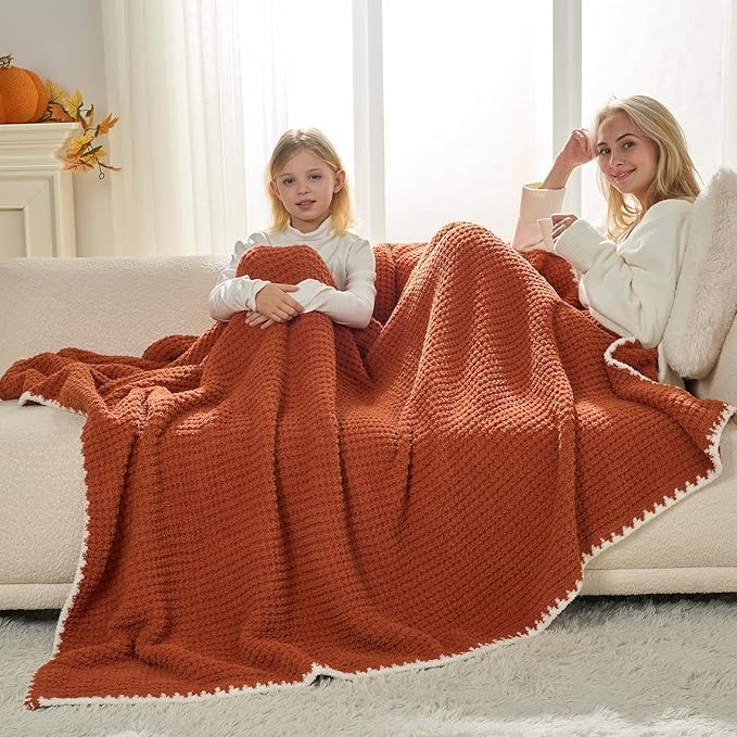 Snuggle Sac Orange Waffle Blanket for Couch Bed Sofa 60x80 inches, Reversible Soft Throw Microfiber Fluffy Fuzzy Cozy Knit Twin Blanket for Women Mothers Birthday Gifts-Ruum Studio Home