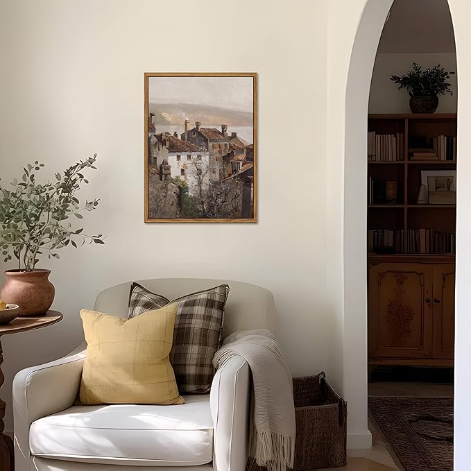 Floating Framed Vintage Canvas Wall Art, European Country Towns Wall Decor Oil Paintings Artwork, Rustic Farmhouse Posters Prints Pictures for Living Room Hallway Bedroom 12x16 inch-Ruum Studio Home