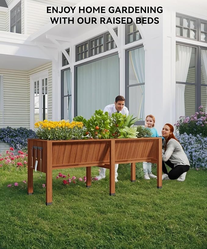 72x26x31 Inch Raised Garden Bed with Legs, 13.7In Depth Wooden Planter Box for Outdoor Growing Vegetables and Herbs, Elevated Garden Bed with Hooks for Backyard, Patio, Balcony-Ruum Studio Home