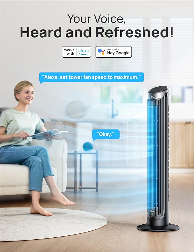 Dreo Smart Tower Fan for Bedroom, 90° Oscillating 40" Standing Fan, 26ft/s High-Speed 5 Speeds 4 Modes, Quiet Room Floor Fans, Touch/Remote/APP & Voice Control, Work with Alexa, 12H Timer, Silver-Ruum Studio Home