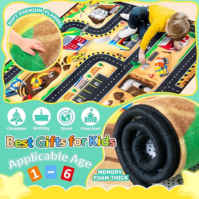 Kids 5x7 Ft Construction Site Play Rug, Baby Play Mat, Tufted Wool & Rubber, Non-Slip, Stain & Fade Resistant, Machine Washable, Rustic Cartoon Construction Site Pattern-Ruum Studio Home