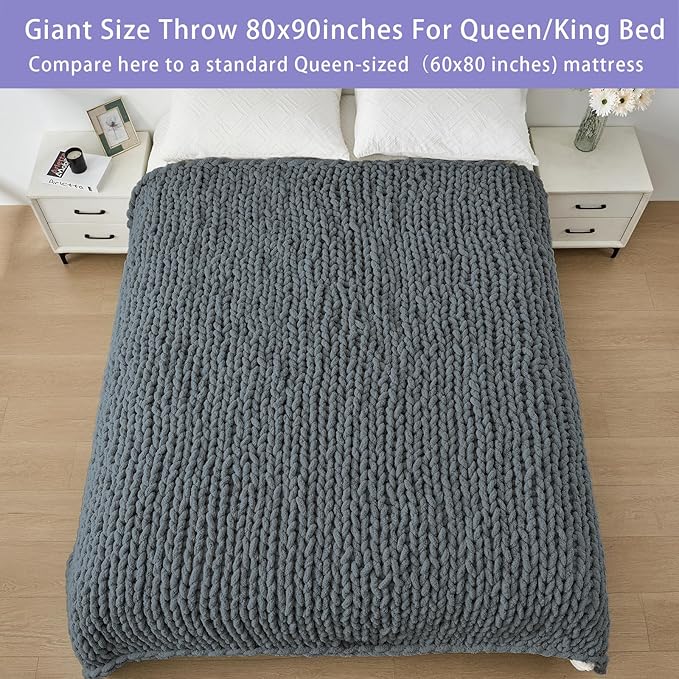 Bigacogo Chunky Knit Throw Blanket for Couch, 80x90 inches, 100% Hand Knitted with Thick Jumbo Chenille Yarn, Cozy Soft Large Rope Knot Cable Crochet Blankets for Sofa Bed Living Room, Iron Gray-Ruum Studio Home