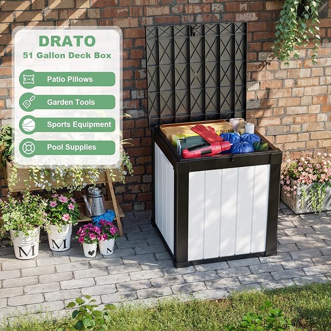 DRATO 50 Gallon Deck Box, Outdoor Storage Box for Patio Cushion, Sports Equipment, Garden Tools, Waterproof Patio Storage box, Lockable (Black and White)-Ruum Studio Home
