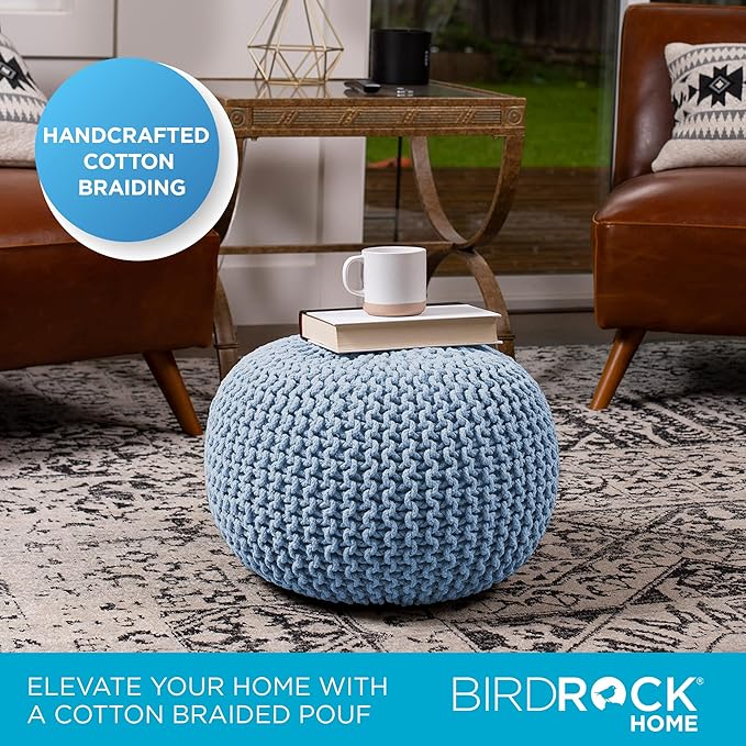 BIRDROCK HOME Round Pouf Ottoman | Cotton Braided Foot Stool with Bean Bag Filling | Boho Foot Rest for Living Room & Bedroom | Compact & Comfortable Seating, Lightweight & Soft | Soft Blue-Ruum Studio Home