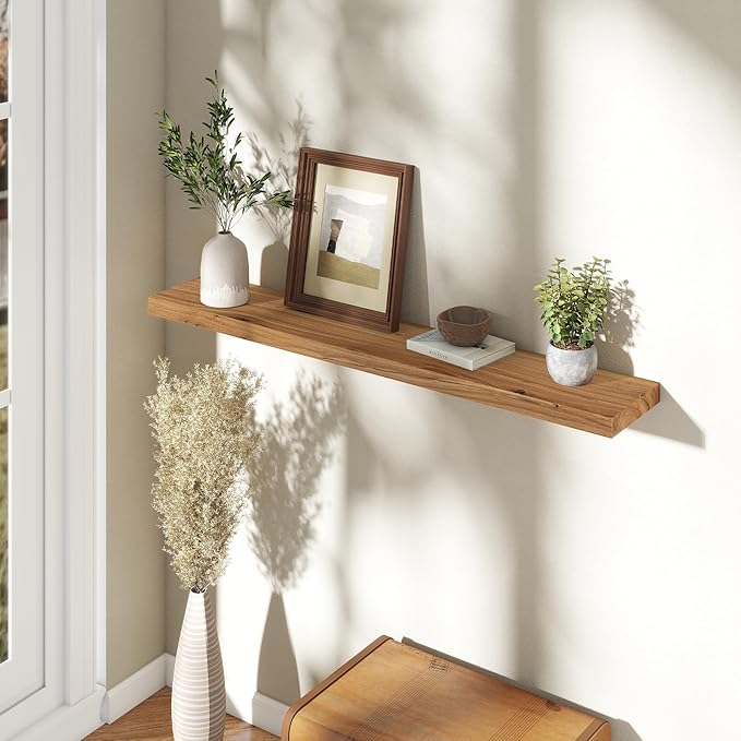 Fun Memories Rustic Elm Wood Floating Shelves for Wall, 48" Floating Shelf Wall Mounted, Long Floating Disply Shelf with Heavy-Duty Bracket for Living Room, Kitchen, Bathroom, Natural Color, Set of 1-Ruum Studio Home