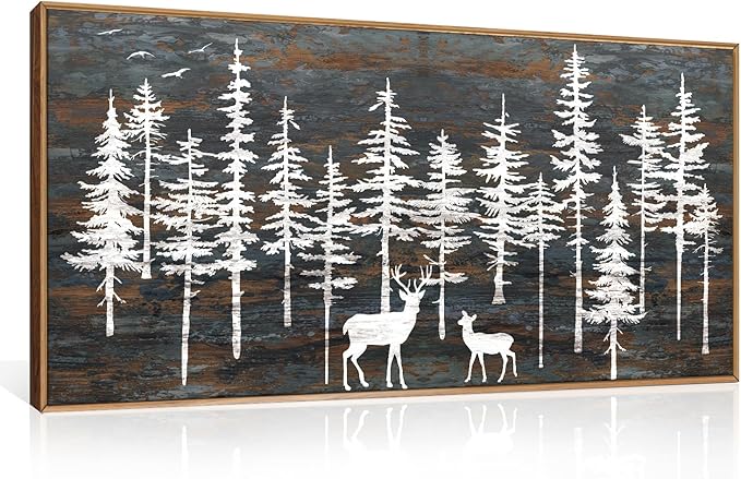 Modern White Forest Framed Canvas Wall Art Set, Minimalist Woodland Art Painting, Retro Tree Landscape Wall Decor, Wildland Deer Artwork for Living Room, Dining Room, Office - 20"x40"-Ruum Studio Home