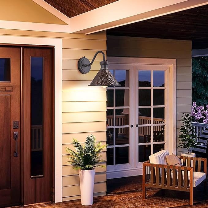 Dusk to Dawn Outdoor Gooseneck Wall Sconce with Dark Sky Cast Hammered Aluminum Shade in Oil Rubbed Bronze Finish,Anti-Rust Waterproof Outdoor Light for Farmhouse Porch Garage,1-Light E26-Ruum Studio Home
