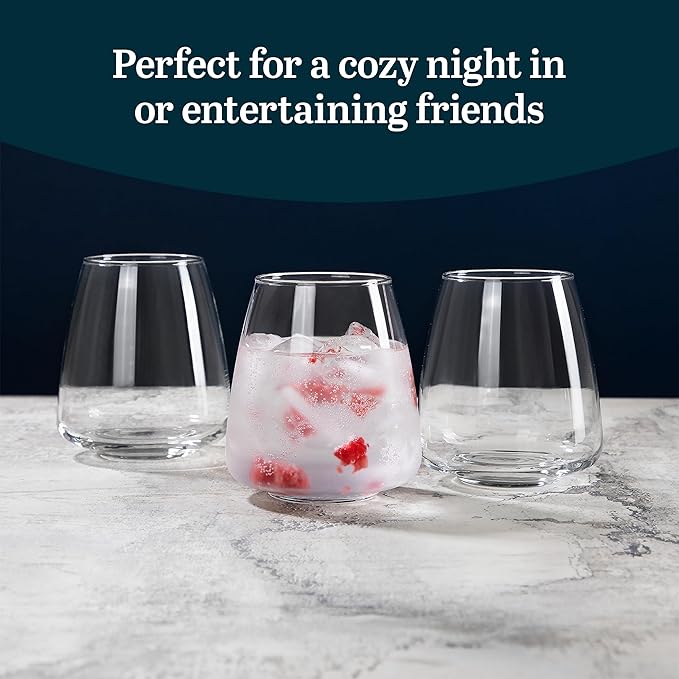 Libbey Stackable Stemless Wine Glasses Set of 6, Tapered Bulb Shaped All Purpose Wine Glass Set, Dishwasher Safe Glass Wine Glasses, Cocktail-Ruum Studio Home