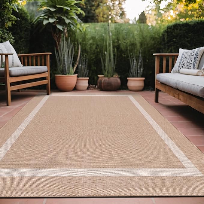 Bordered Outdoor Rug 6x9 Washable Outside Carpet for Indoor Patio Porch Waterproof Easy Cleaning Non Shedding Area Rugs Beige 6 x 9-Ruum Studio Home