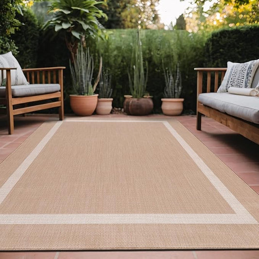 Bordered Outdoor Rug 6x9 Washable Outside Carpet for Indoor Patio Porch Waterproof Easy Cleaning Non Shedding Area Rugs Beige 6 x 9-Ruum Studio Home