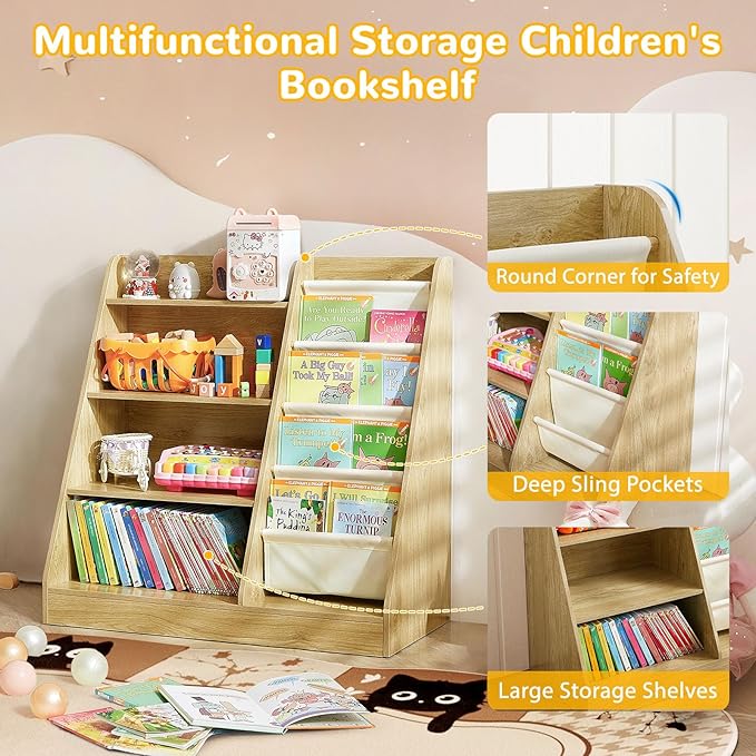 Kids Bookshelf, 4-Tier Kids Wooden Bookshelf with Toy Storage Montessori Toy Shelf, 32”L x 16”D x 32”H Nursery Bookshelves Childrens Bookcase Baby Toddler Book Shelf for Kids Rooms Clearance-Ruum Studio Home