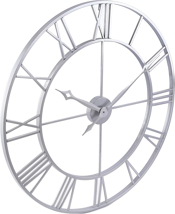 CLXEAST Large Modern 30 Inch Wall Clock Silver, Oversized Big Roman Numeral Metal Wall Clocks for Living Room Decor, Home Office-Ruum Studio Home