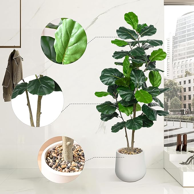 Artificial Fiddle Leaf Fig Tree 5FT, Large Realistic Faux Ficus Lyrata Plant with Pot Large Faux Plant for Indoor Outdoor Home, Office, Living Room, Bathroom Decor-Ruum Studio Home