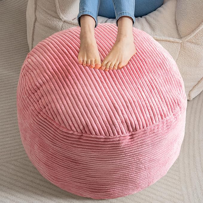 HIGOGOGO Round Stuffed Pouf Ottoman, Corduroy Poufs with Foam Chunk Filling, Furry and Fluffy Pouf Foot Stool Storage Ottoman, 26 X 18 Floor Poufs Foot Rest for Living Room, Pink-Ruum Studio Home