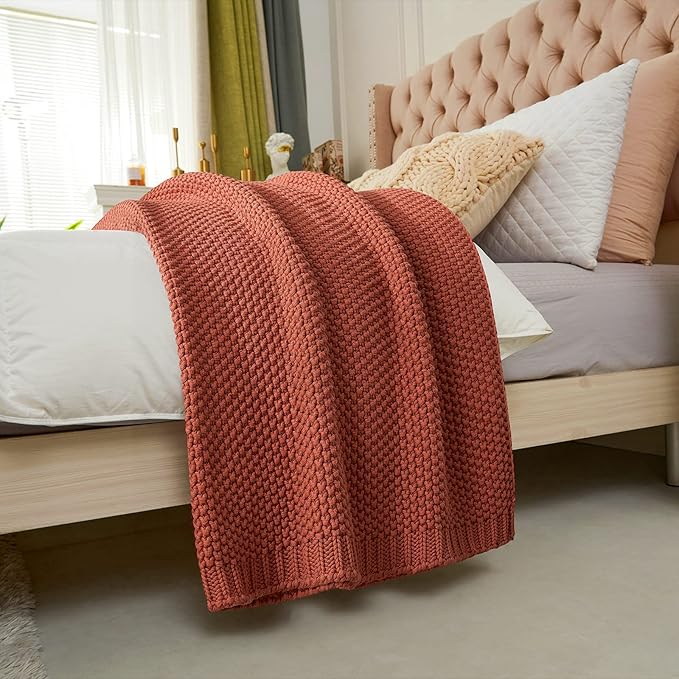 Longhui bedding Chunky Cable Knit Throw Blanket Lightweight Rust 100% Organic Cotton Blanket for Sofa Couch Bed Baby Nursery, Rustic Shabby Chic Modern Farmhouse, 60” x 80” Give Laundering Bag-Ruum Studio Home
