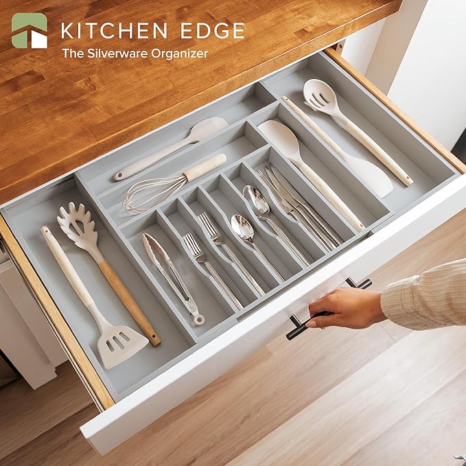 Premium Silverware, Flatware and Utensil Organizer for Kitchen Drawers, Food-Safe Contract Grade, Expandable from 18 to 33 In, Gray Bamboo-Ruum Studio Home