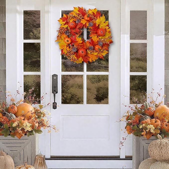 DiliComing Fall Wreath Front Door Wreath - 20 inch Fall Wreaths for Front Door, Autumn Wreaths with Pumpkin Maple Leavses for Indoor Outdoor Outside, Home Decor for Thanksgiving Harvest-Ruum Studio Home