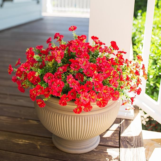 Artificial Flowers for Outdoors Fake Plants Outside Decoration, 12 Bundles Silk Red Morning Glory UV Resistant Look Real Faux Flowers for Planter Front Door Porch Patio Yard Gardens Balcony-Ruum Studio Home