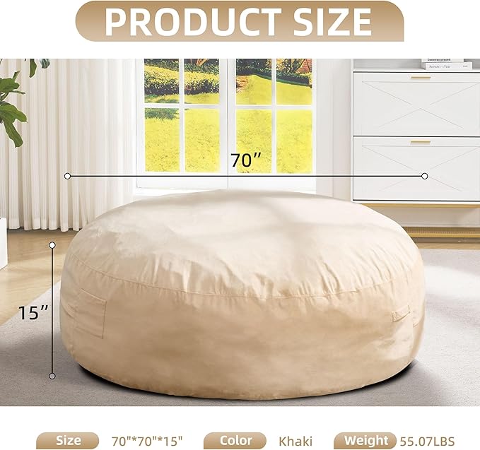 Hobestluk 6FT Bean Bag Chair Bean Bag Chairs for Adults Giant Bean Chairs with Velvet Cover, Memory Foam BeanBag Chair Fluffy BeanBag Chairs for Living Room, Bedroom- Khaki (70" x 70" x 15")-Ruum Studio Home