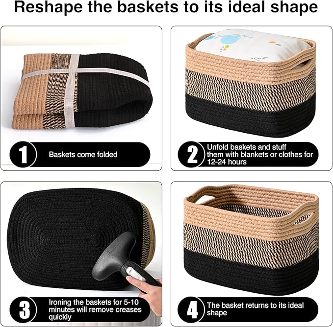 Storage Baskets for Organizing Shelves, Decorative Baskets for Storage, Woven Cotton Rope Basket for Living Room Bedroom Nursery, 15"x11"x9.5", 3 Packs, Gradient Black & Jute-Ruum Studio Home