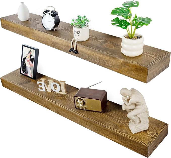 Floating Shelves 3 inch Thick for Wall Set of 2,Solid Pine Wood Wall Mount Shelf for Kitchen Living Room Bedroom Bathroom,8" D x 48" L x 3" H-Black Walnut-Ruum Studio Home