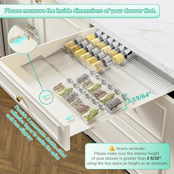 AMBIRD Spice Drawer Organizer, 4 Tier-2 Set Clear Spice Rack Tray Expandable From 11'' to 22'', Seasoning Organizer with non-slip tape for Kitchen, Cabinet, Drawers, Countertop(JARS NOT INCLUDED)-Ruum Studio Home