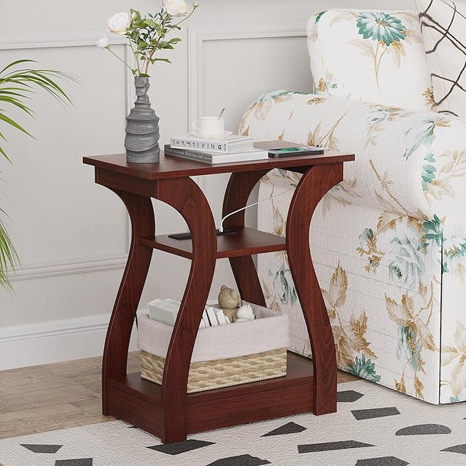 End Tables Living Room, Cherry End Table with Charging Station, Nightstand for Bedroom, 3 Tier End Table with Storage Shelf for Living Room(Cherry)-Ruum Studio Home