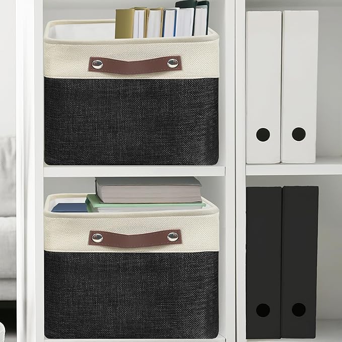 SIMPLE HOUSEWARE Large Fabric Storage Bin, 15" x 11" with Leather Like Handles, 3 Pack, Black-Ruum Studio Home