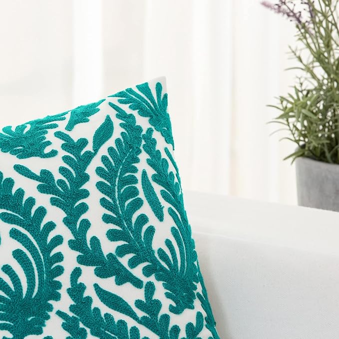 HWY 50 Teal Decorative Throw Pillow Covers 18x18 Inch (1 Piece), Embroidered Cotton Farmhouse Cushion Cover Pillow Case for Sofa Couch Living Room Bed Bedroon, Floral Branches-Ruum Studio Home