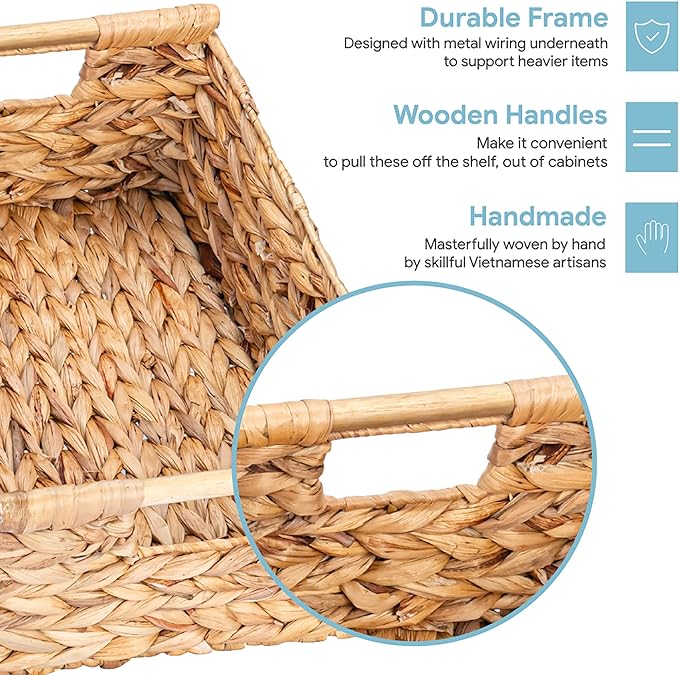 VATIMA Hyacinth Large Wicker Basket 15.5x10.8x6.2" - Rectangular, Wooden Handles, Shelf Organizer-Ruum Studio Home